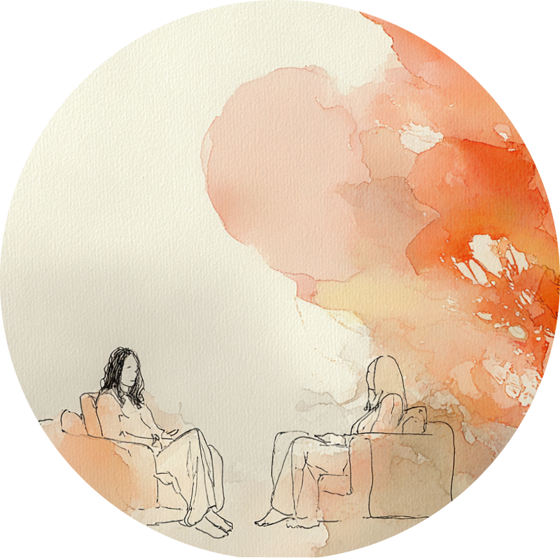 deux personnes en conversation, arbre en arrière-plan